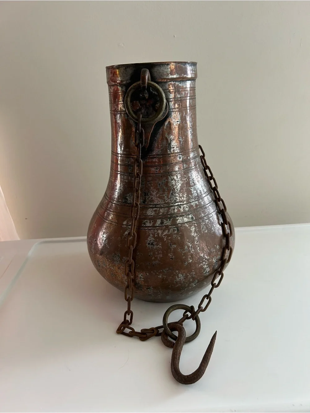 Vintage Turkish Copper-Tone Hangin Decorative Pitcher with Hanging Hook